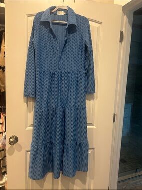Blue Textured Tiered Maxi Dress with Collared Neck